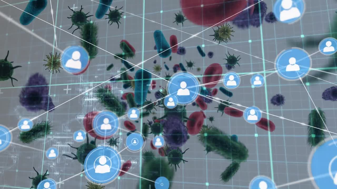 animación de la red de conexiones con iconos de medios sobre las células del virus