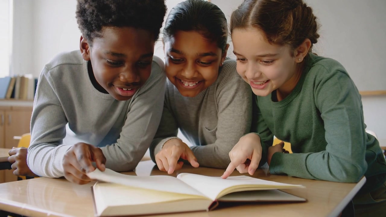 Un bambino gira una pagina, iniziando a leggere con altri tre bambini che indicano un libro a un banco di scuola.