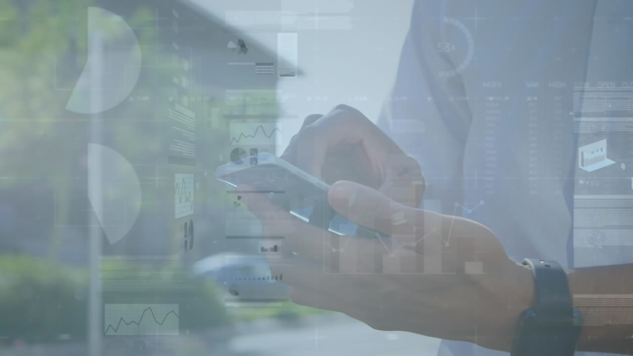Animation of multiple graphs, trading board over midsection of biracial man using cellphone