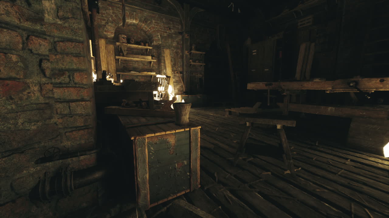 시골적인 매력으로 가득 찬 버려진 작업실에서 그림자와 빛