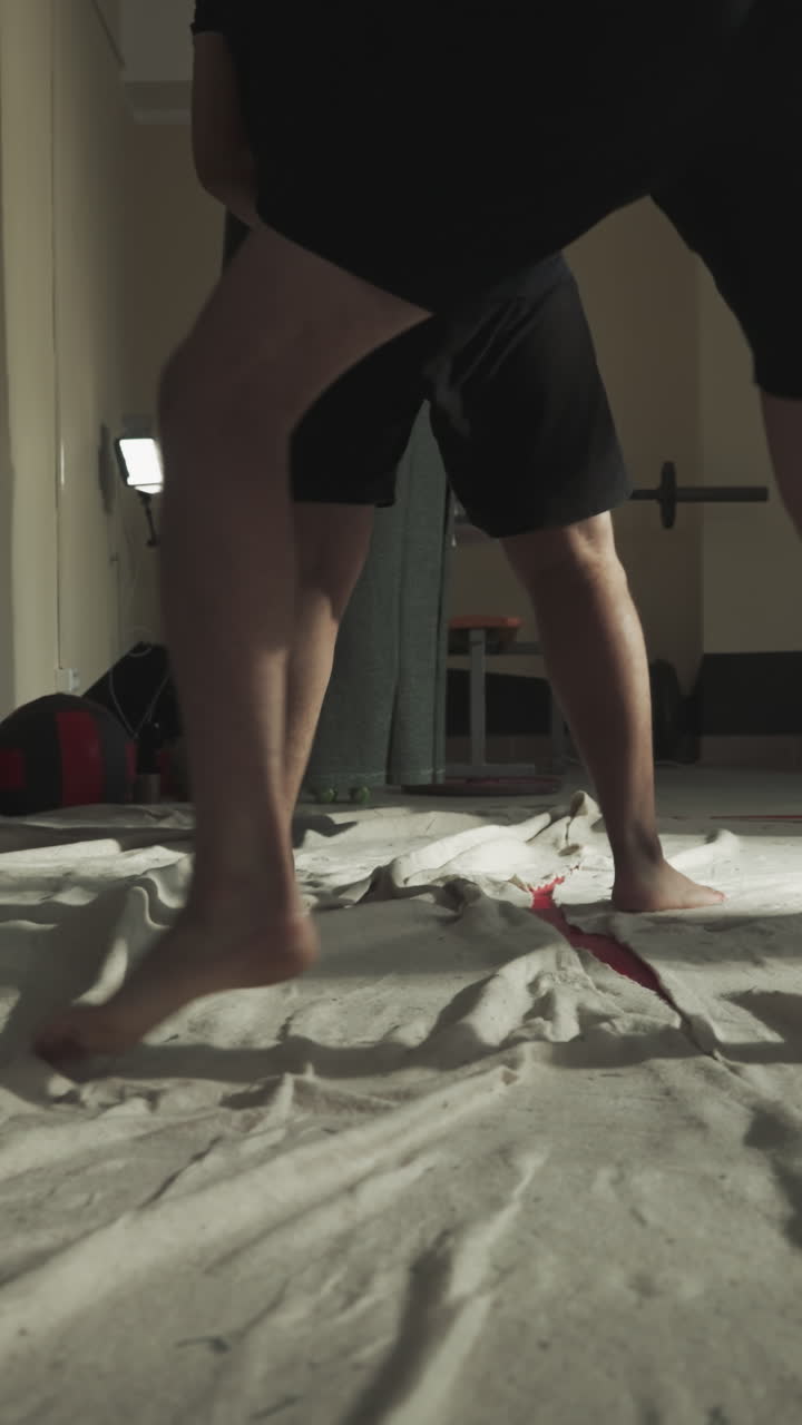 hombres hacen ejercicios en grupo con bolsas de boxeo en un gimnasio público de cerca. fuertes kickboxers trabajan en la técnica durante el entrenamiento en la alfombra en el club de lucha en cámara lenta