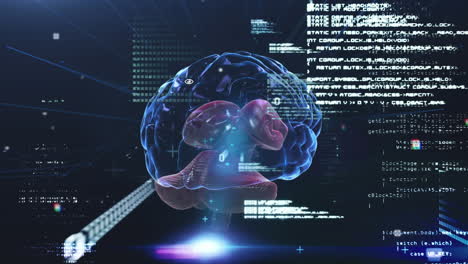 animation of glowing human brain with digital interface data processing