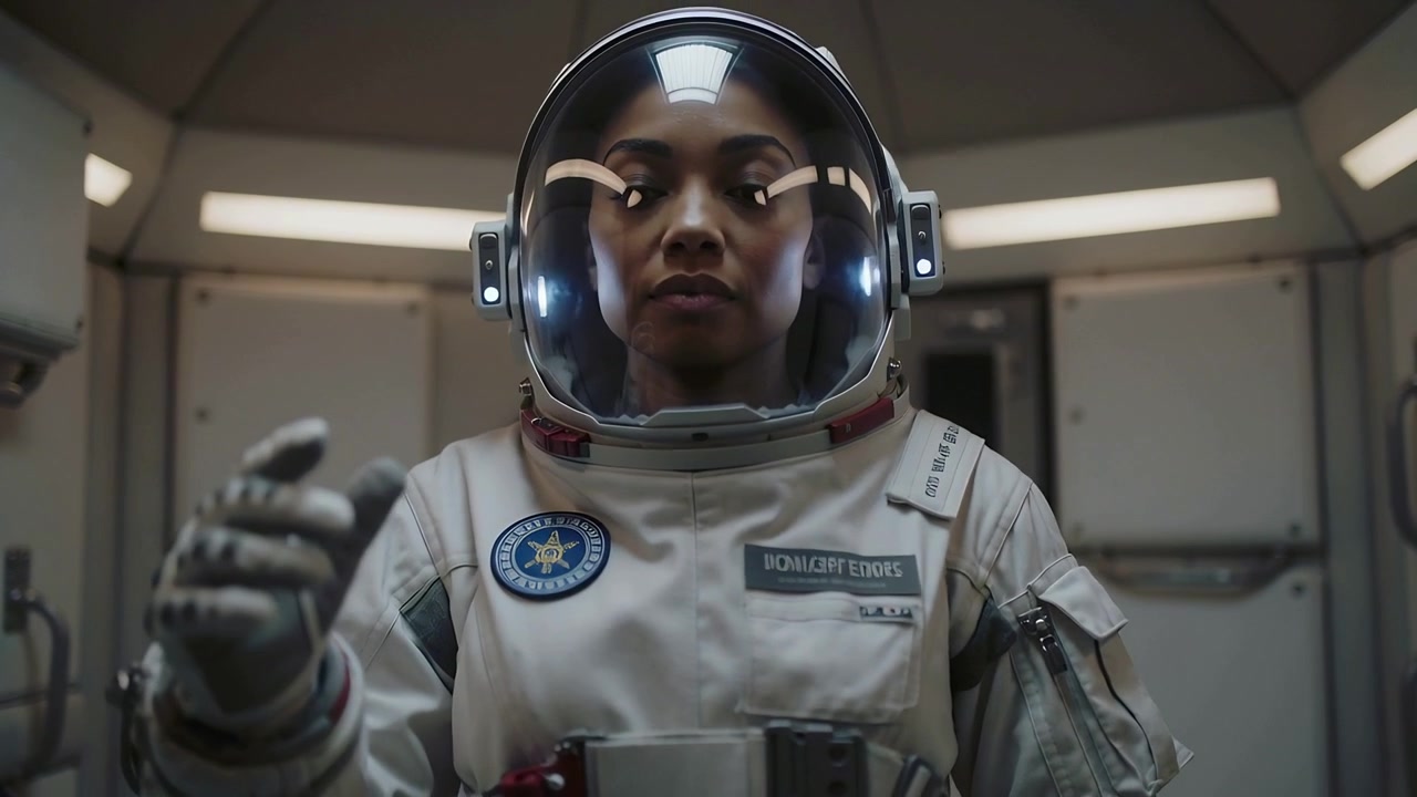 Câmera panorâmica guiando astronauta em traje espacial que se vira e alcança o interior do módulo para verificação com emblemas