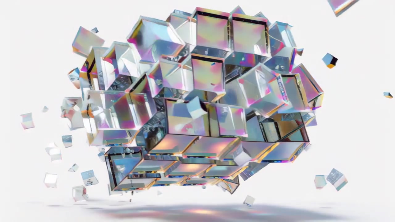 Shimmering iridescent glass cubes form a floating cluster with scattered fragments on a clean white background, futuristic geometric motion design for tech and luxury visuals