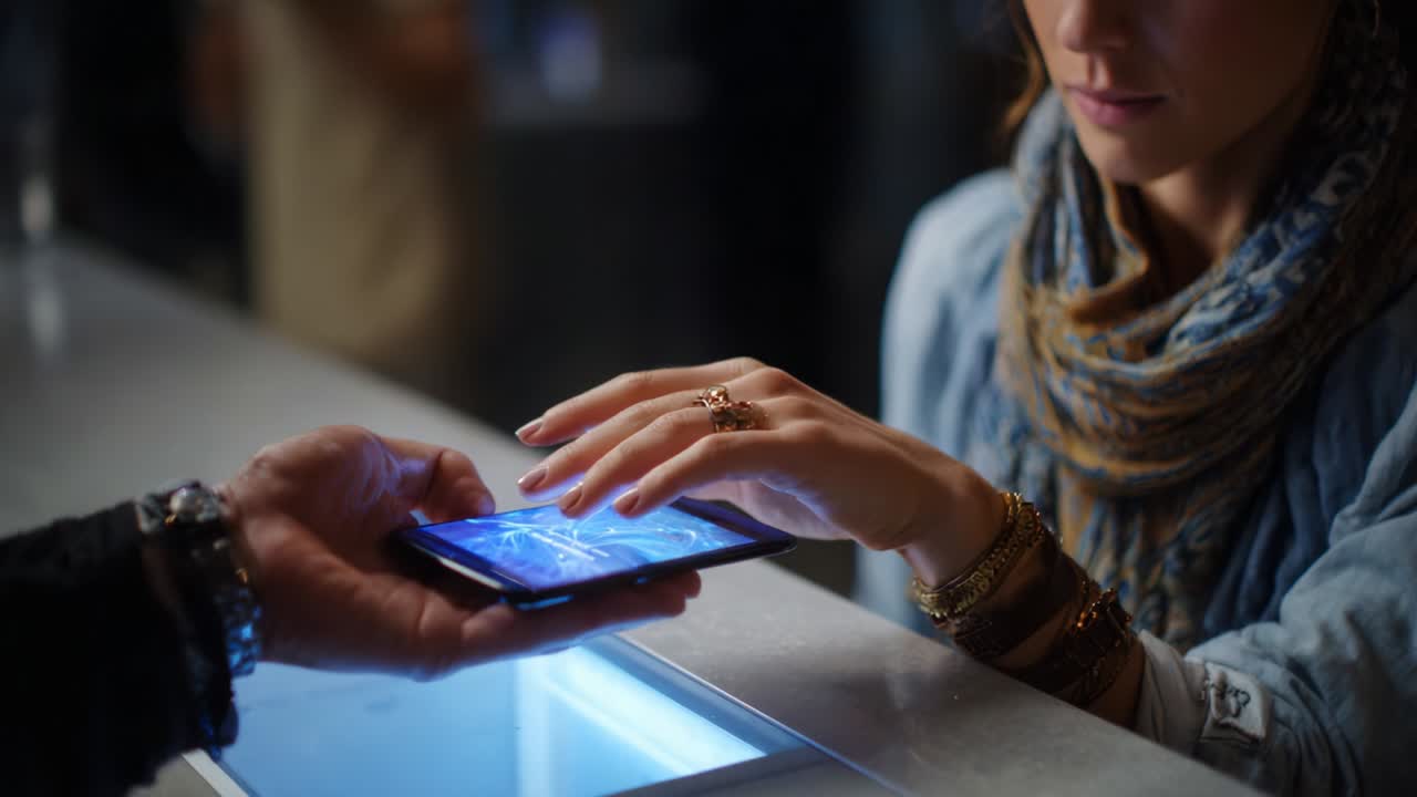 A Glimpse of Modern Interaction: A Woman Engaging with a Mobile Device in a Dynamic Setting, Highlighting the Blend of Technology and Human Connection