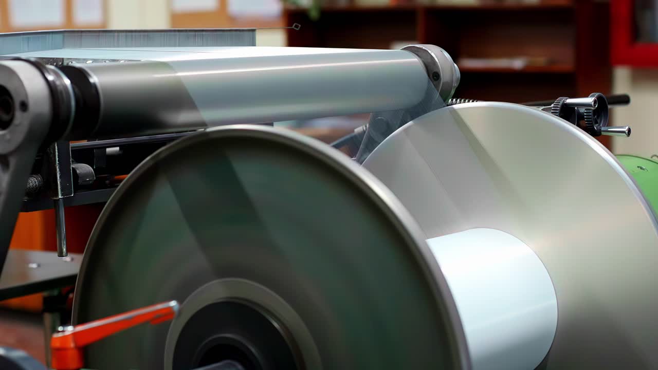 Primo piano di macchinari industriali con un tamburo rotante e rulli in un ambiente di fabbrica. Filmato tecnico che mostra attrezzature per processi meccanici utilizzate nella produzione o nella movimentazione dei materiali
