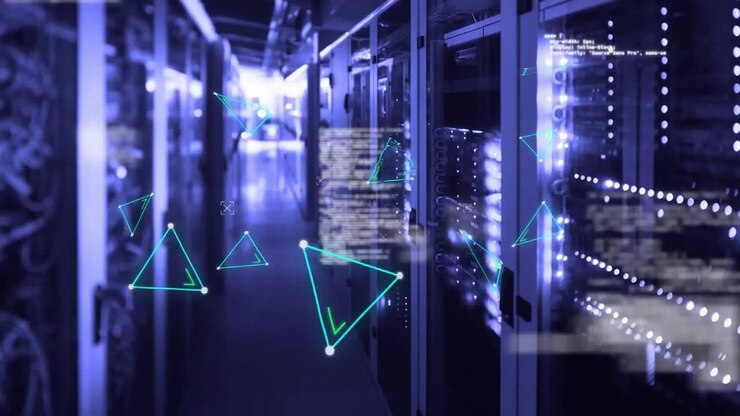 Animation of statistical data processing and plexus networks against computer server room