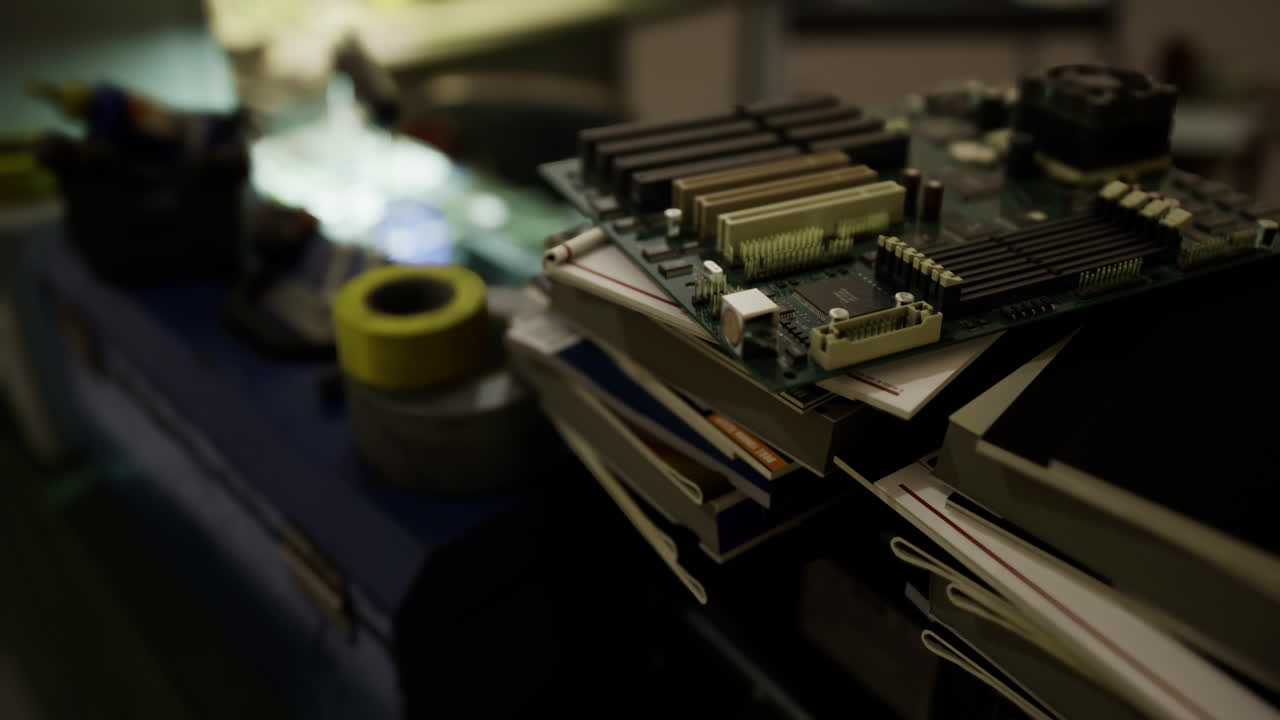 Exploring tech components in an industrial workshop at twilight