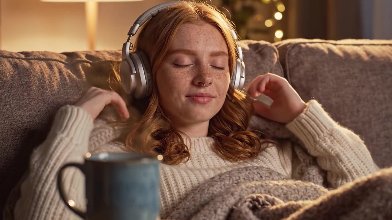 Relax a casa: una giovane donna si gode una serata accogliente con musica, avvolta in una coperta mentre sorseggia una bevanda calda su un comodo divano.