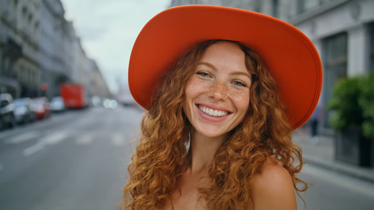 Close-up portrait of a happy woman with red curly hair and an orange hat smiling on a city street