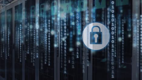 Animation of security padlock icon and binary coding data processing over computer server room