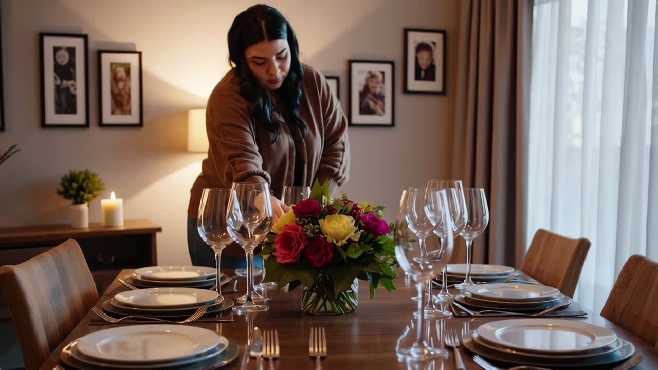 Woman Setting a Beautiful Table for Dinner