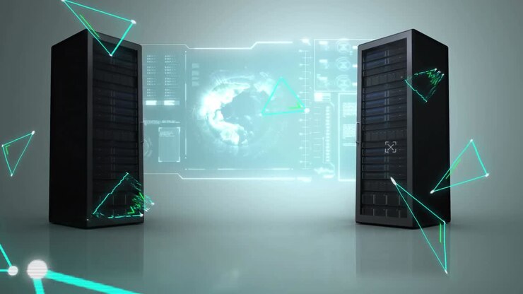 Animation of statistics processing and data over screen with computer servers