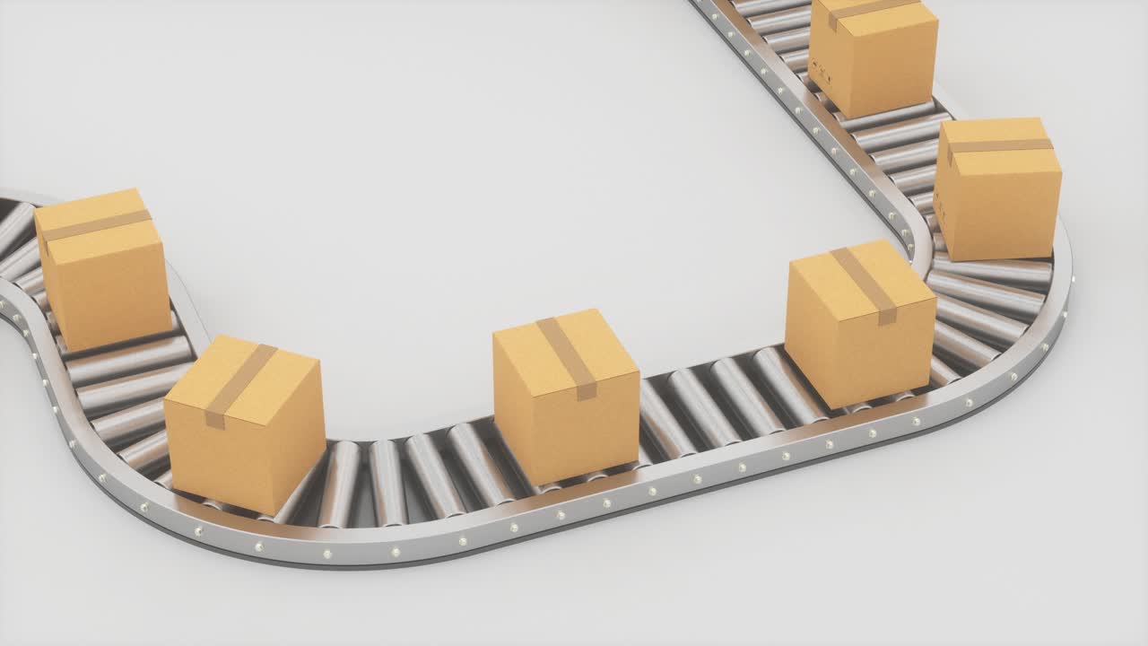 cajas que se mueven en la cinta transportadora, renderización en 3d.