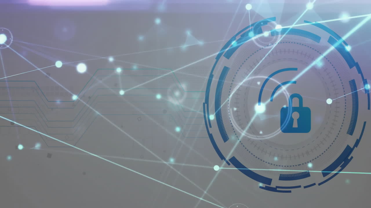 Blue padlock icon floating inside circular HUD, glowing network nodes connecting in flat design