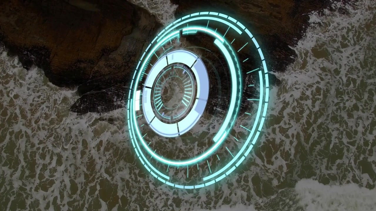Anelli concentrici che si alzano sopra le onde, con HUD ciano che inizia a ruotare, scansionare e svanire per la mappatura della costa.