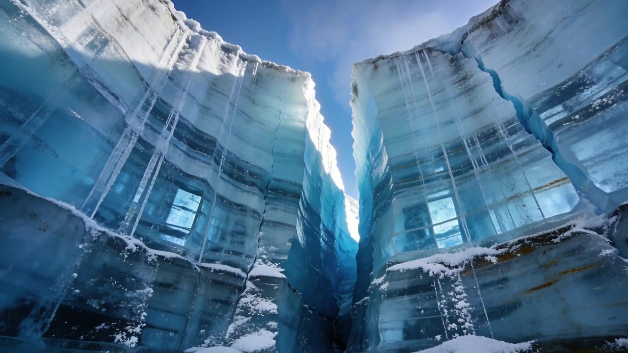 Sunlight entering narrow glacier crevasse causing melting, showing tall blue ice walls with icicles