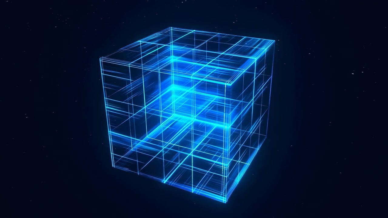 Middle sequence frame shows a luminous blue wireframe cube floating in deep space with neon edges, star field, and geometric glow; conveys futuristic digital