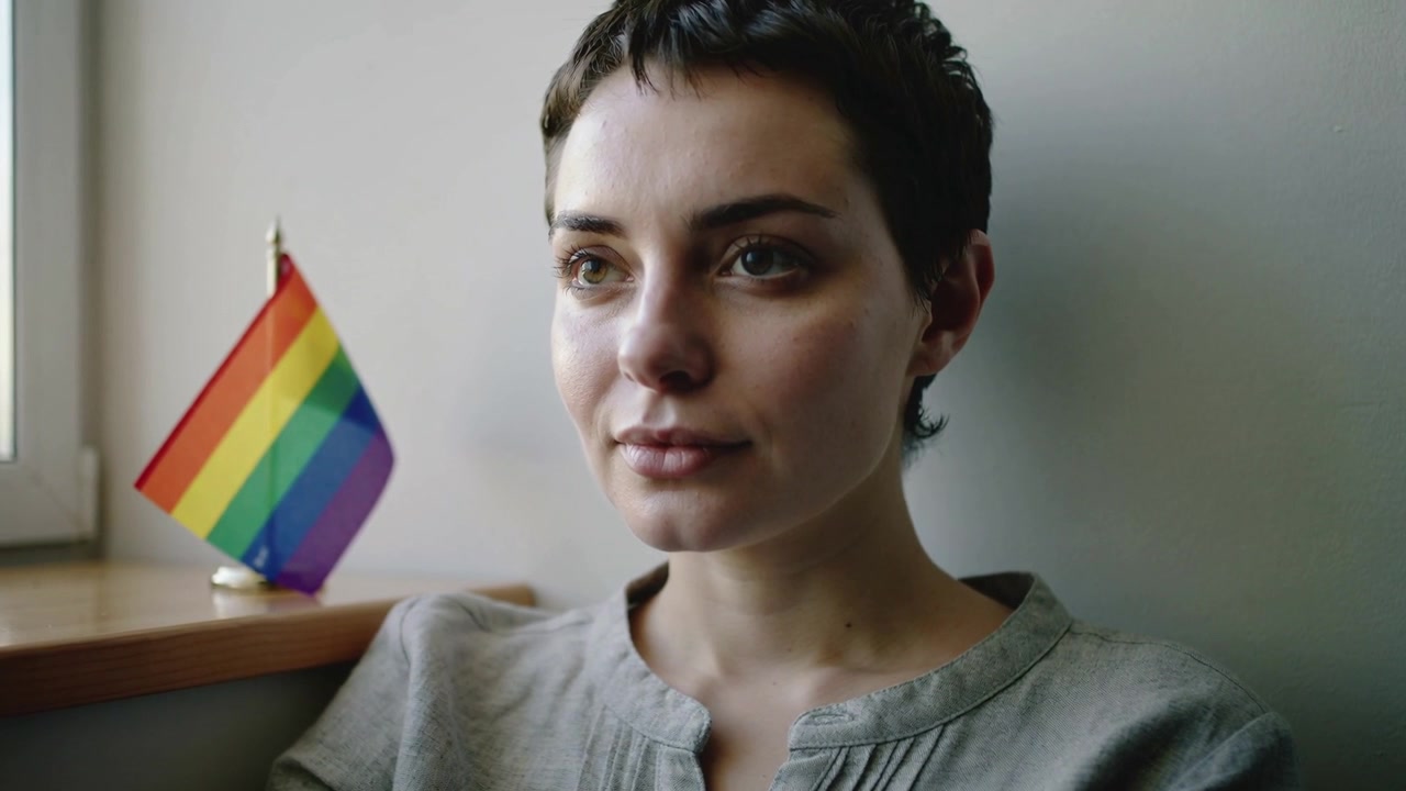 Shifting gaze woman wearing green blouse blinking on wood sill with light shifting, pride flag