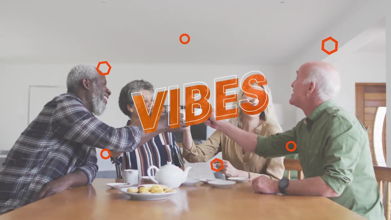 animación de vibraciones texto sobre amigos mayores haciendo tostadas con tazas de té en casa