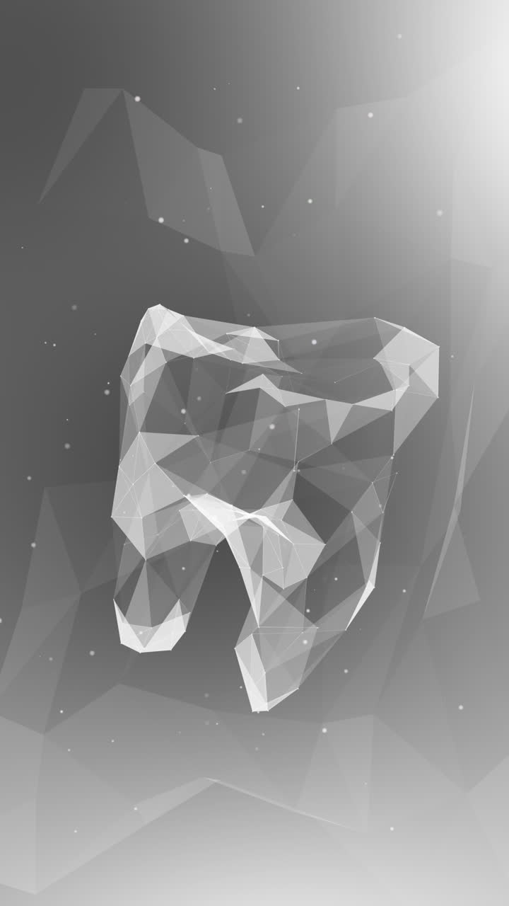 Polygonal lines and triangles 3D model of tooth. Dental grey abstract background. Looped. Wireframe low poly style. Vertical video.