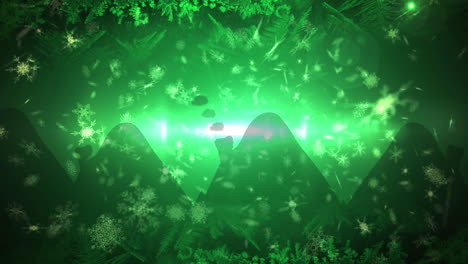 animación de la nieve de navidad cayendo sobre las decoraciones de las joyas de navidad sobre un fondo verde