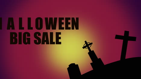 halloween big sale in cemetery with tombstone and religion cross in night