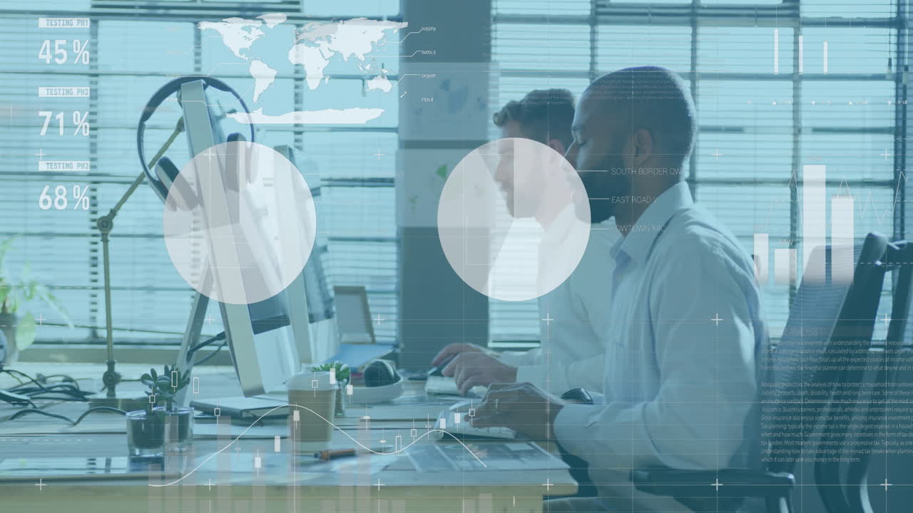 Animation of infographic interface over diverse coworkers working on desktop in office