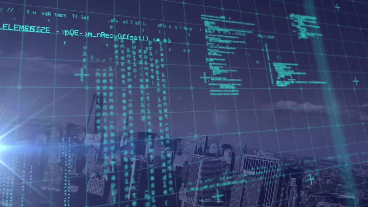 animazione dell'elaborazione dei dati su griglia e paesaggio urbano in background