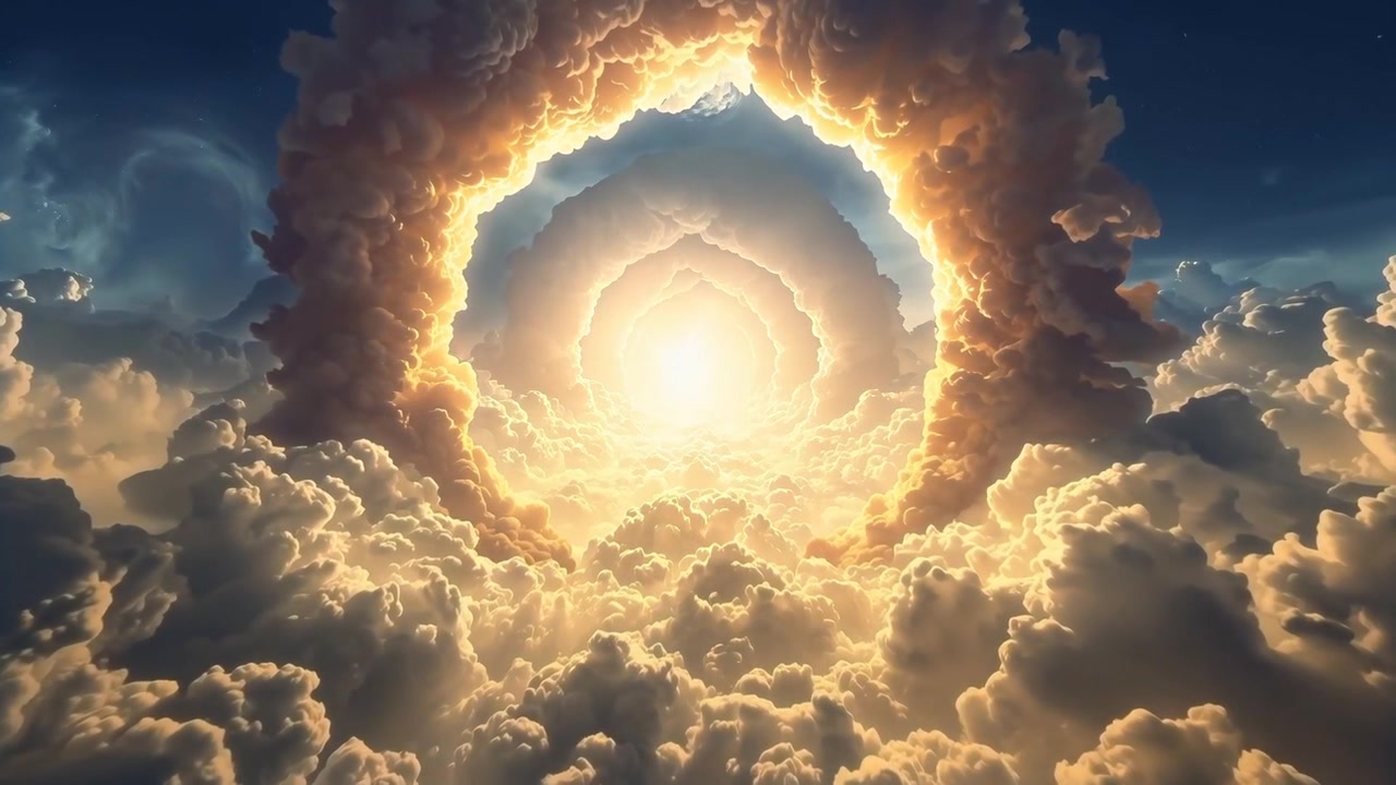Luce solare che illumina il centro, tunnel di nuvole che attira la telecamera verso l'interno attraverso cumuli in alto con raggi di sole.