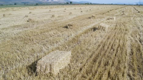aerial view of a farmer on a tractor with a full trailer of bales of straw.