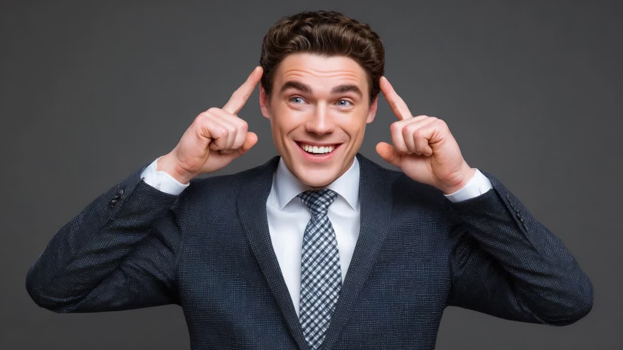 A Confident Man in a Suit Points to His Head, Signifying Intelligence and Clever Ideas in a Professional Setting: Capturing the Essence of Success and Innovation