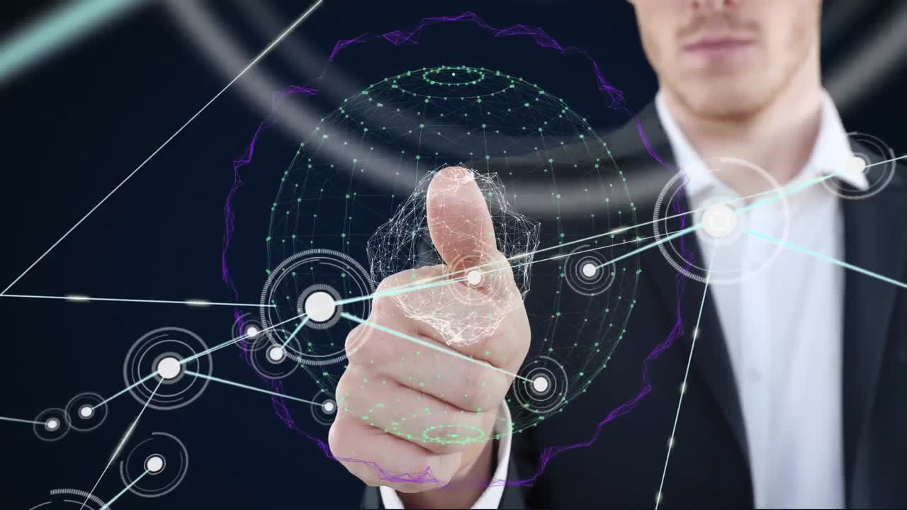 연결 네트워크로 전 세계를 만지는 사업가의 애니메이션