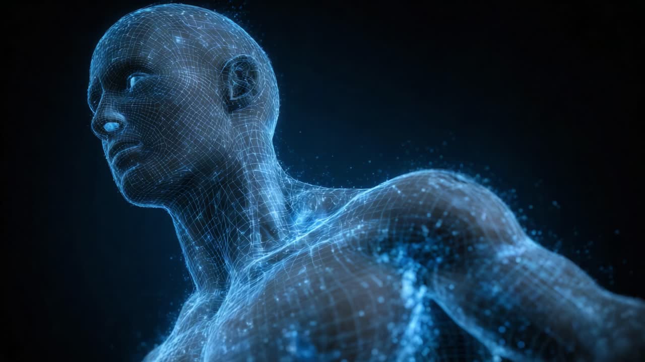 Una rappresentazione digitale futuristica della forma umana, che mostra un modello wireframe con motivi luminosi e un concetto di tecnologia all'avanguardia, che cattura l'esistenza in un regno virtuale.