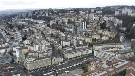 Drone-Aerial-of-the-swiss-town-and-the-cathedral-of-Lausanne