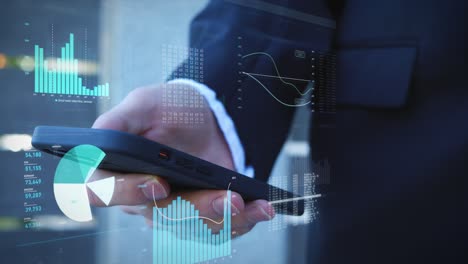 Businessman-in-dark-suit-is-working-on-his-smartphone-looking-at-digital-data,-graphs-and-diagrams-surrounding-the-screen