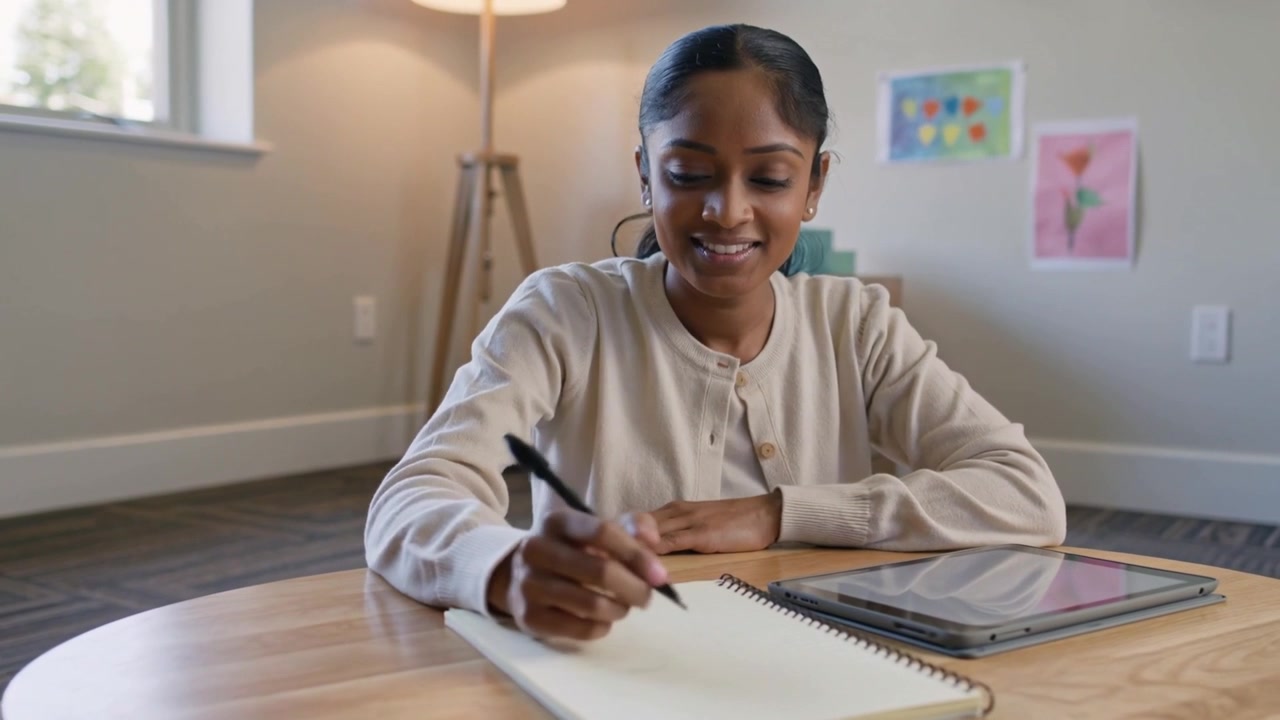 Smiling woman in cardigan viewing tablet picking stylus and copying tablet into notebook at home