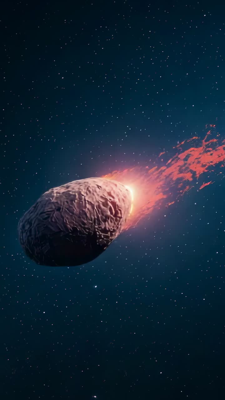 Vertical video: Entering irregular meteor drifting downward in starry sky, trailing fiery tail