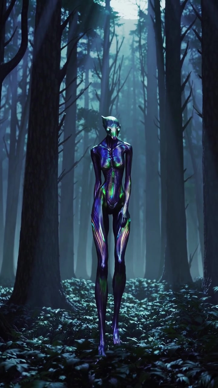 Creatura Aliena Iridescente che Cammina Attraverso una Foresta Scura e Misteriosa