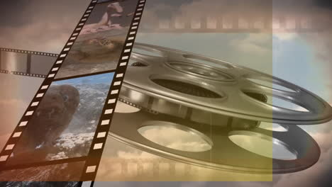 animation of multiple wild animal in film reel over spinning roll against cloudy sky