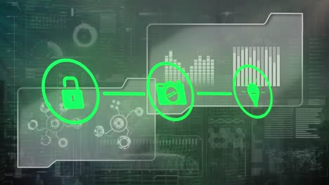 animación de iconos y procesamiento de datos financieros sobre un fondo oscuro