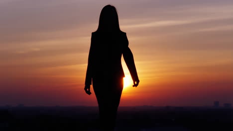 Silhouettes of a person against a vibrant sunset sky
