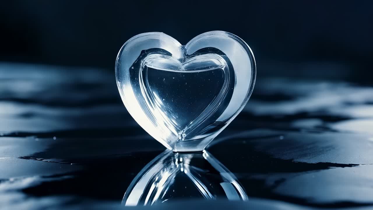 Disturbance lifting water around heart-shaped ice in studio pool carrying heart into submersion