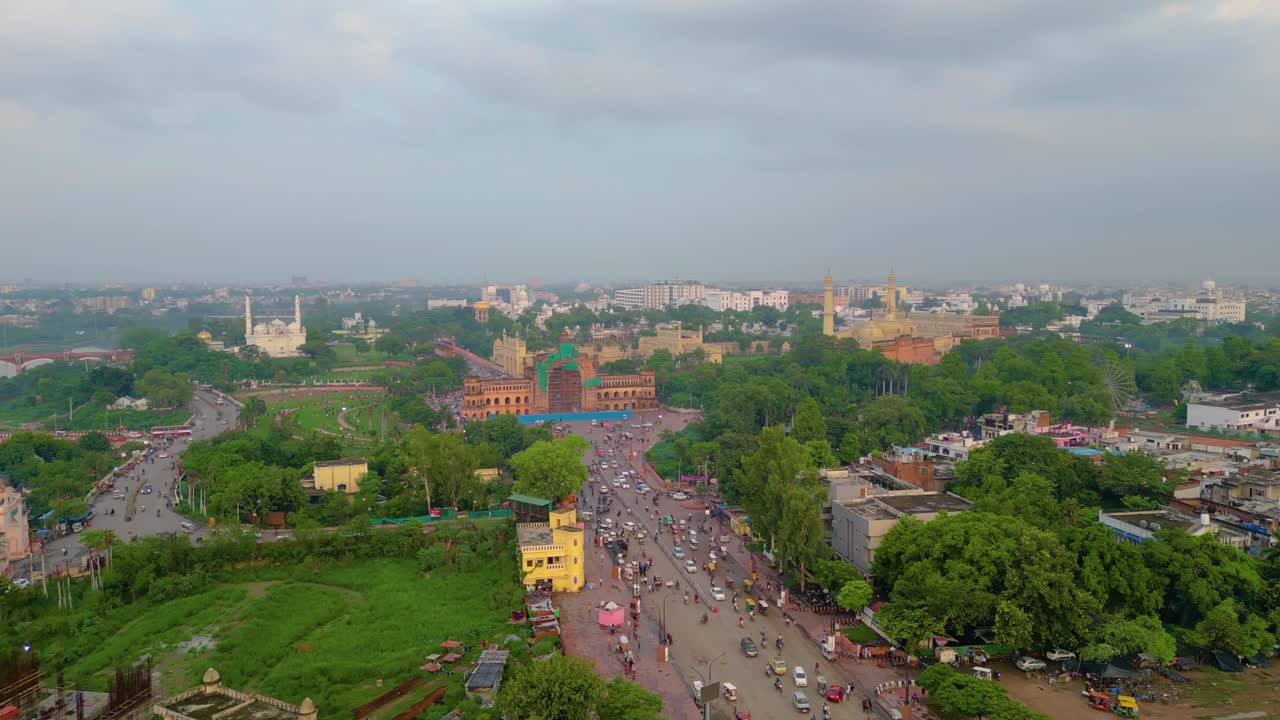 Husainabad Clock Tower and Bada Imambara India Architecture view from drone