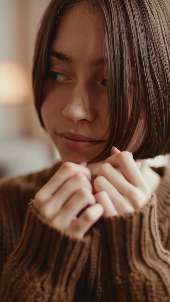 Close-up Portrait of a Young Woman in a Brown Sweater with Pensive Expressions