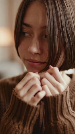 close-up portrait of a young woman in a brown sweater with pensive expressions