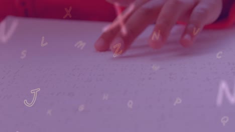 animation of numbers over caucasian schoolgirl reading braille