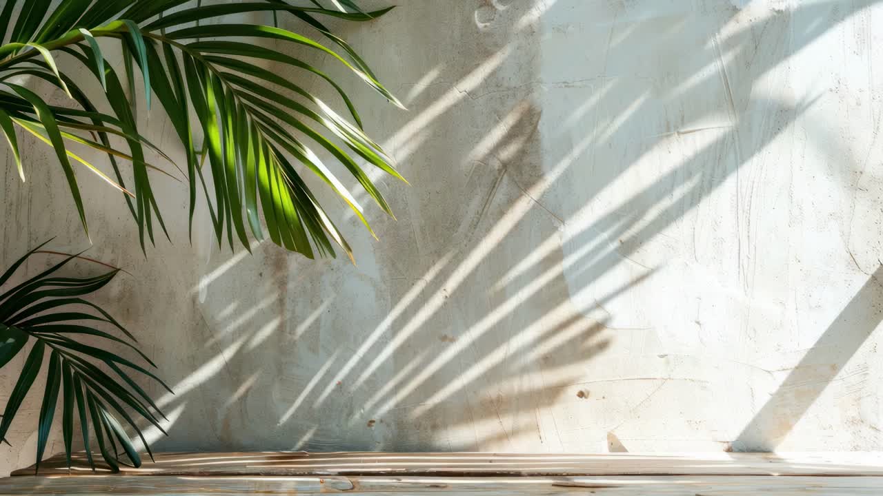 Aesthetic video concept with sunlight casting palm shadows on a textured wall