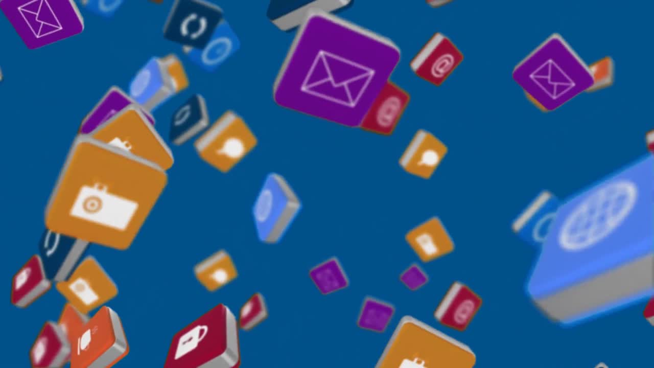 Internet icons and symbols flying on a blue background