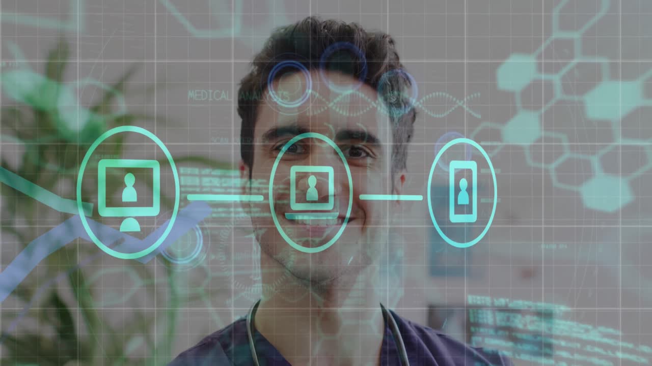 animación de iconos de medios y datos sobre el retrato de un médico masculino biracial sonriente que usa una tableta